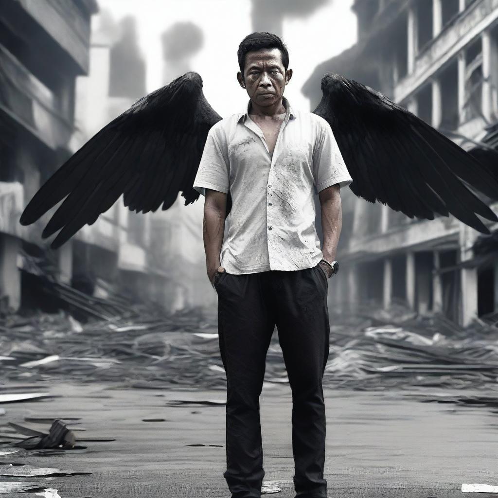 Create an image of a stocky Indonesian man with black wings, a small wound on his chest, wearing only dull white trousers that are torn at the thighs and knees