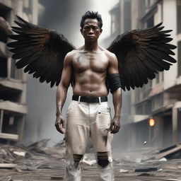 Create an image of a stocky Indonesian man with black wings, a small wound on his chest, wearing only dull white trousers that are torn at the thighs and knees