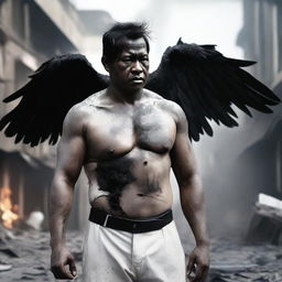 Create an image of a stocky Indonesian man with black wings, a small wound on his chest, wearing only dull white trousers that are torn at the thighs and knees