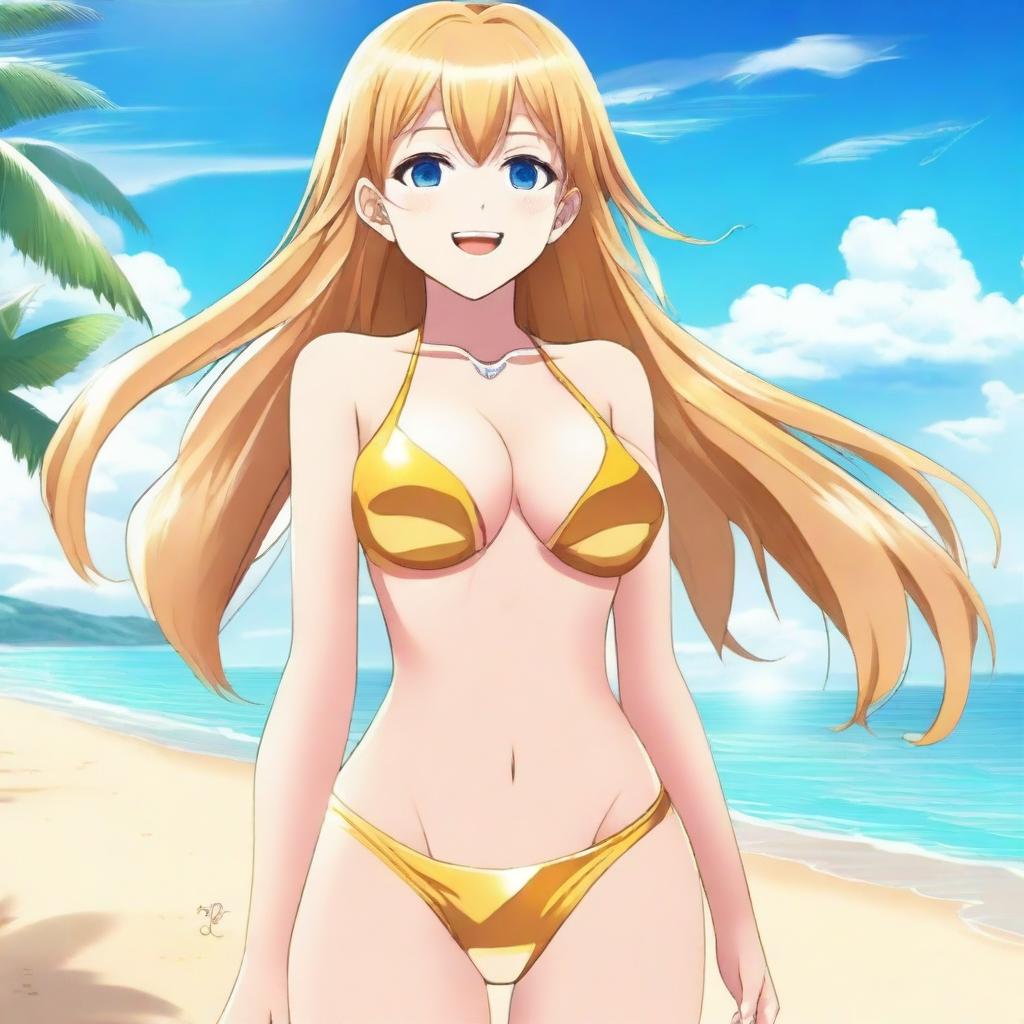 A beautiful anime girl wearing a shimmering golden bikini, standing confidently with a radiant smile