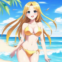 A beautiful anime girl wearing a shimmering golden bikini, standing confidently with a radiant smile