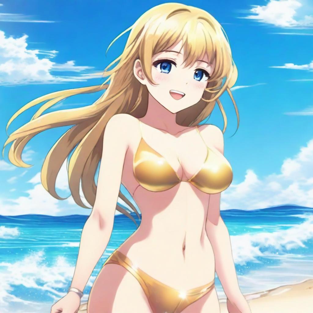 A beautiful anime girl wearing a shimmering golden bikini, standing confidently with a radiant smile