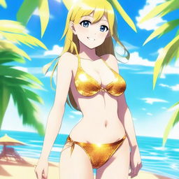 A beautiful anime girl wearing a shimmering golden bikini, standing confidently with a radiant smile