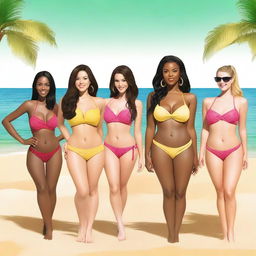 A beach scene featuring six women in bikinis