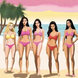 A beach scene featuring six women in bikinis