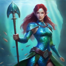 A young elven maiden with green skin and maroon hair, wearing blue fish scale armor