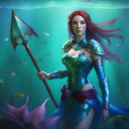 A young elven maiden with green skin and maroon hair, wearing blue fish scale armor