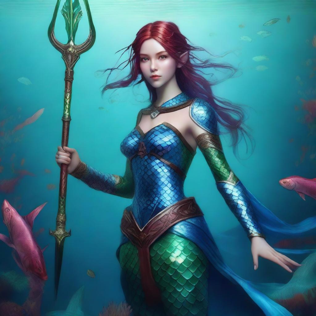 A young elven maiden with green skin and maroon hair, wearing blue fish scale armor