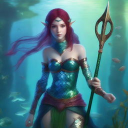 A young elven maiden with green skin and maroon hair, wearing blue fish scale armor