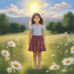 A young girl standing barefoot in a serene meadow