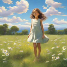 A young girl standing barefoot in a serene meadow