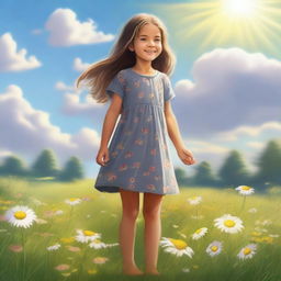 A young girl standing barefoot in a serene meadow