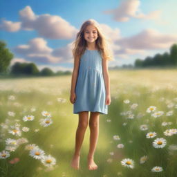 A young girl standing barefoot in a serene meadow