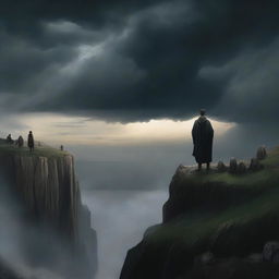 A dramatic scene featuring a man standing at the top of a cliff, looking out over a vast expanse