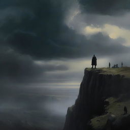 A dramatic scene featuring a man standing at the top of a cliff, looking out over a vast expanse