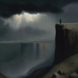 A dramatic scene featuring a man standing at the top of a cliff, looking out over a vast expanse