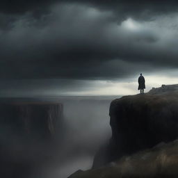 A dramatic scene featuring a man standing at the top of a cliff, looking out over a vast expanse