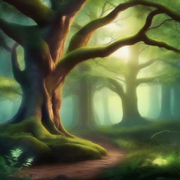 Create a background that is a mystical forest setting, filled with towering ancient trees, glowing magical plants, and a winding path that hints at adventure and wonder