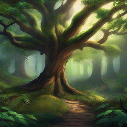 Create a background that is a mystical forest setting, filled with towering ancient trees, glowing magical plants, and a winding path that hints at adventure and wonder