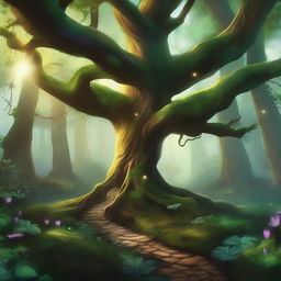 Create a background that is a mystical forest setting, filled with towering ancient trees, glowing magical plants, and a winding path that hints at adventure and wonder