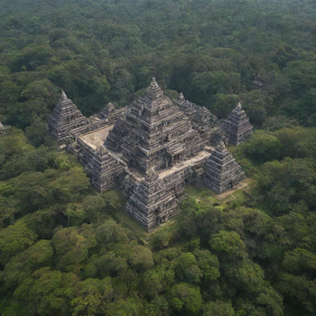 Aerial view of an ancient city, featuring majestic temples amidst a lush green forest