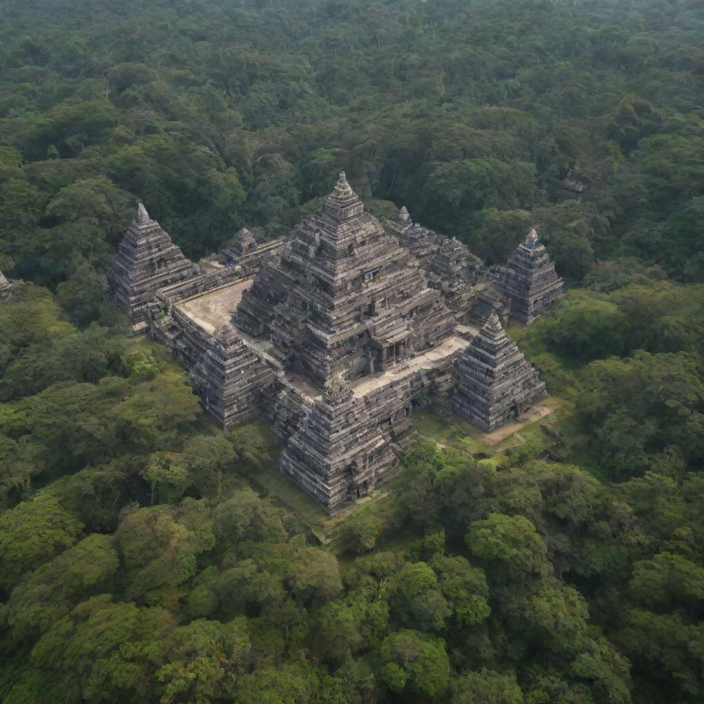 Aerial view of an ancient city, featuring majestic temples amidst a lush green forest