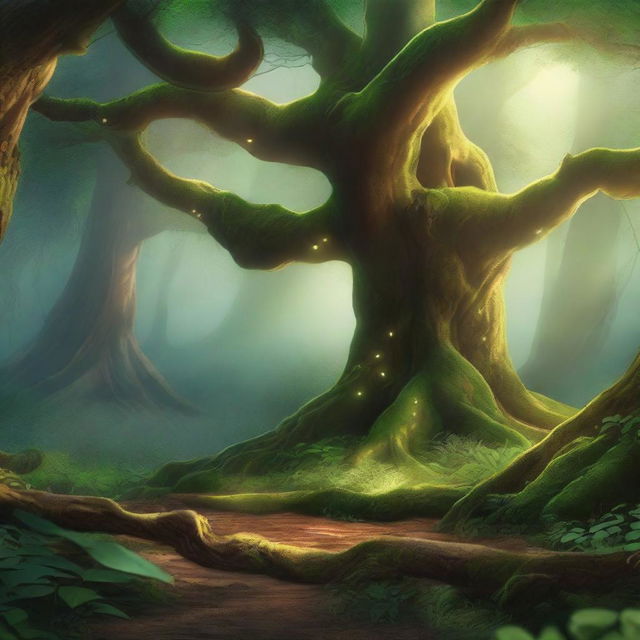 Create a background that is a mystical forest setting, filled with towering ancient trees, glowing magical plants, and a winding path that hints at adventure and wonder