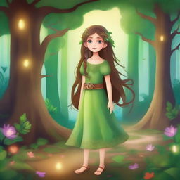 Create a background that is a mystical forest setting, filled with towering ancient trees, glowing magical plants, and a winding path that hints at adventure and wonder