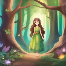 Create a background that is a mystical forest setting, filled with towering ancient trees, glowing magical plants, and a winding path that hints at adventure and wonder