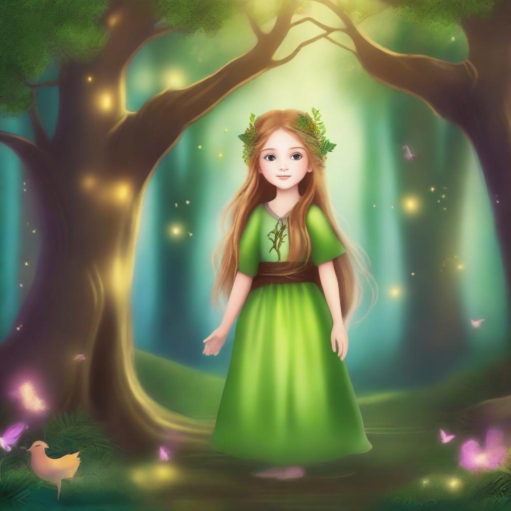 Create a background that is a mystical forest setting, filled with towering ancient trees, glowing magical plants, and a winding path that hints at adventure and wonder