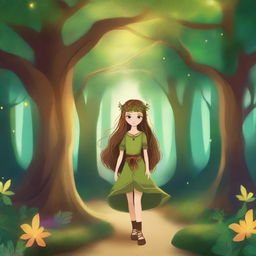 Create a background that is a mystical forest setting, filled with towering ancient trees, glowing magical plants, and a winding path that hints at adventure and wonder