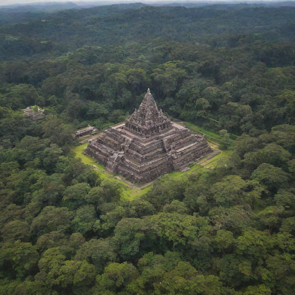 Aerial view of an ancient city, featuring majestic temples amidst a lush green forest