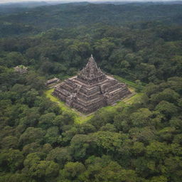 Aerial view of an ancient city, featuring majestic temples amidst a lush green forest