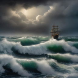 A moody ocean landscape featuring dark, stormy skies and turbulent waves