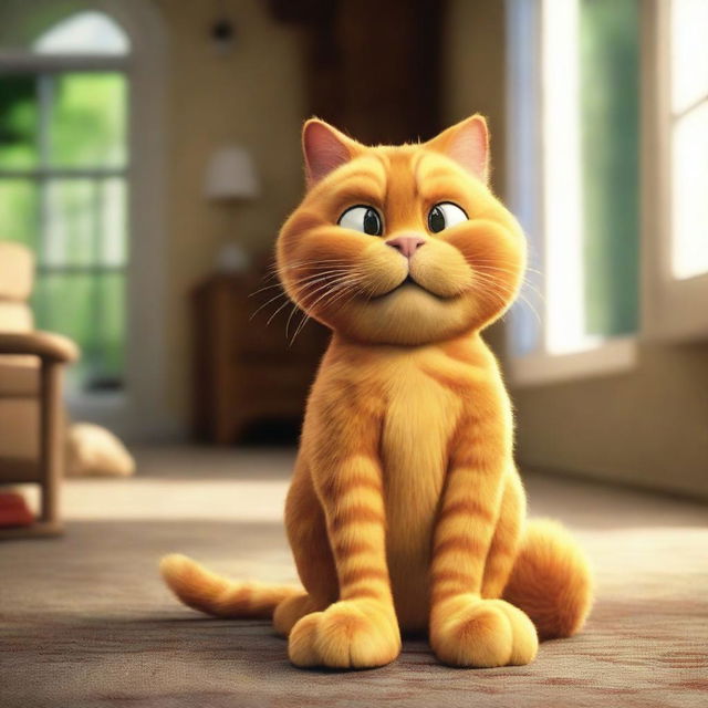 A realistic depiction of Garfield, the famous cartoon cat, in a live-action movie setting