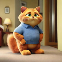 A realistic depiction of Garfield, the famous cartoon cat, in a live-action movie setting