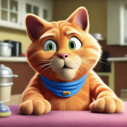 A realistic depiction of Garfield, the famous cartoon cat, in a live-action movie setting