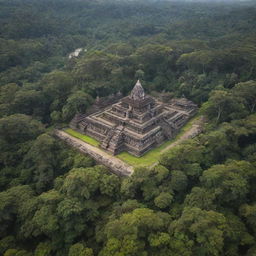 Aerial view of an ancient city, featuring majestic temples amidst a lush green forest