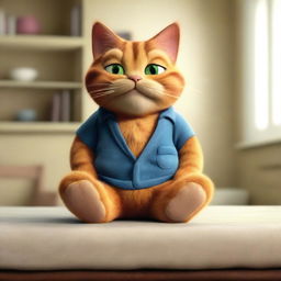 A realistic depiction of Garfield, the famous cartoon cat, in a live-action movie setting