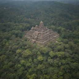 Aerial view of an ancient city, featuring majestic temples amidst a lush green forest