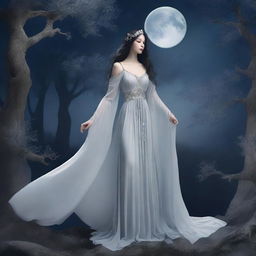 Selene, the moon princess, wandered through moonlit groves, her ethereal gown trailing behind her