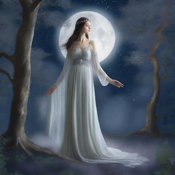 Selene, the moon princess, wandered through moonlit groves, her ethereal gown trailing behind her