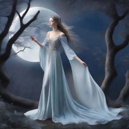 Selene, the moon princess, wandered through moonlit groves, her ethereal gown trailing behind her