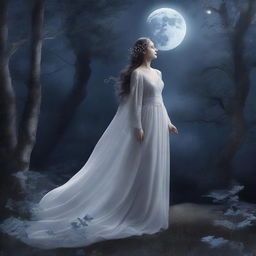 Selene, the moon princess, wandered through moonlit groves, her ethereal gown trailing behind her