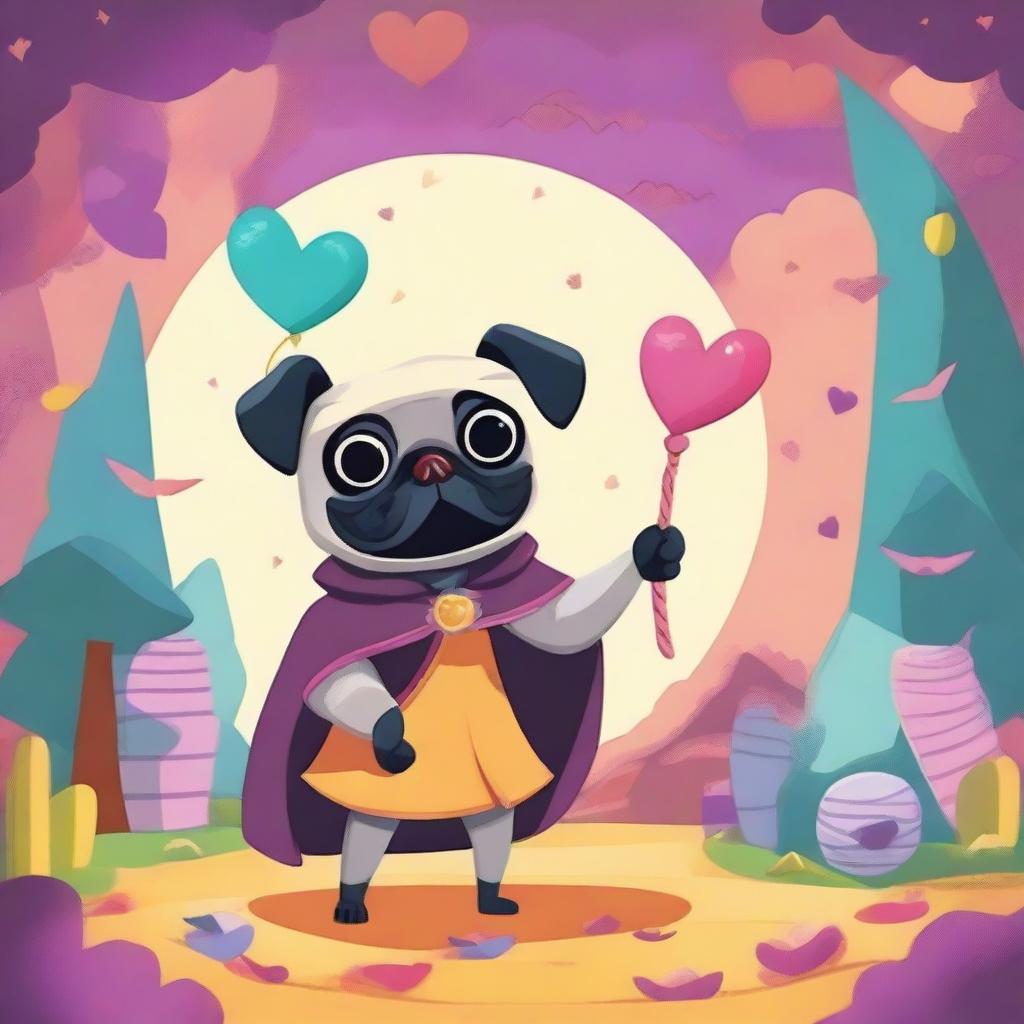 A mischievous pug dressed as a villain has kidnapped a girl