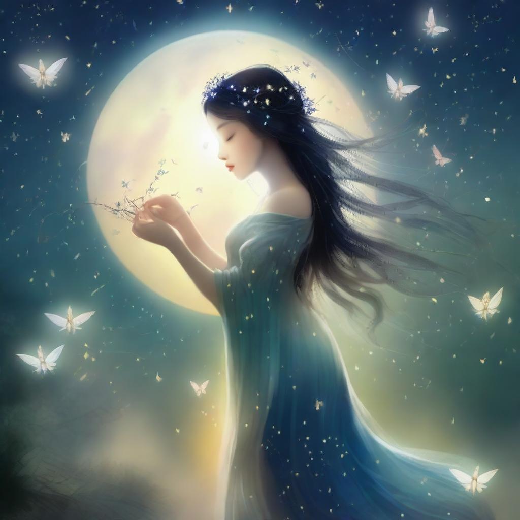 Create an ethereal image of Selene, the moon princess, dancing with fireflies under a moonlit sky