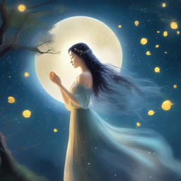 Create an ethereal image of Selene, the moon princess, dancing with fireflies under a moonlit sky