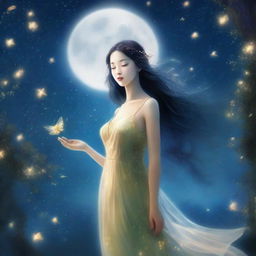 Create an ethereal image of Selene, the moon princess, dancing with fireflies under a moonlit sky