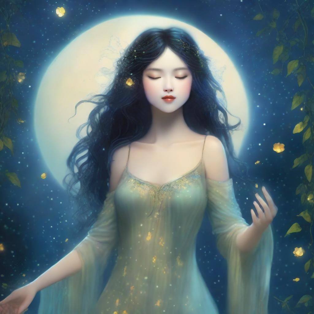 Create an ethereal image of Selene, the moon princess, dancing with fireflies under a moonlit sky