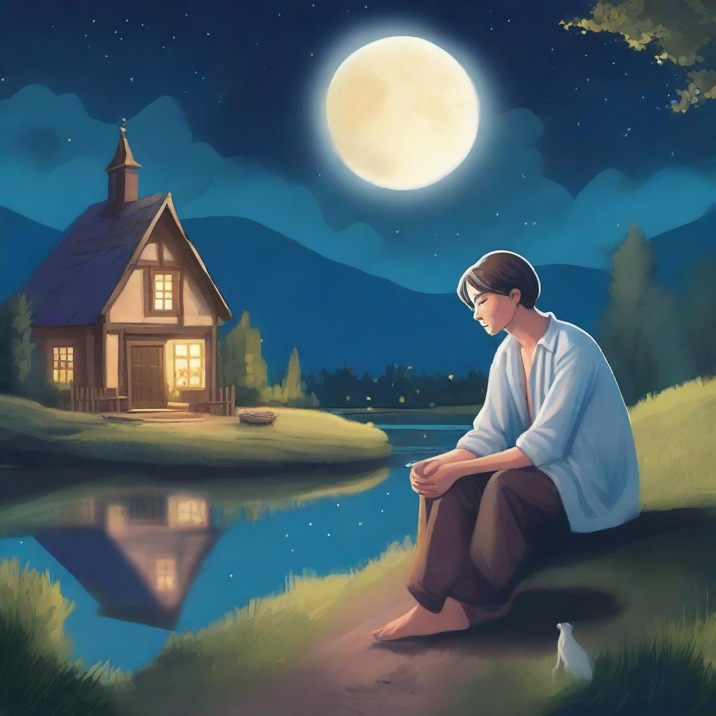 A young artist man from a village gazing at a beautiful moon princess